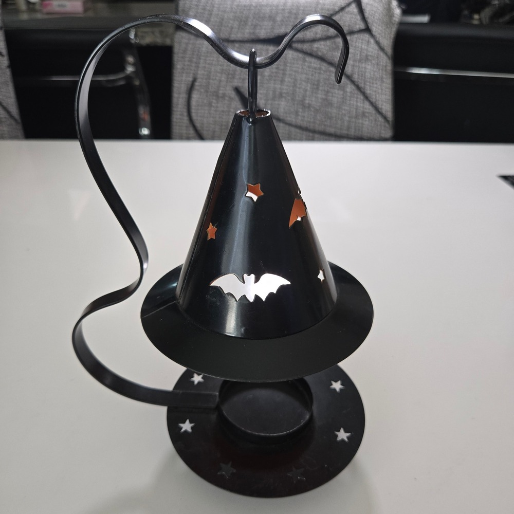 Vintage Halloween Black Metal Witch Hat Tea Light Candle Holder Bat Star Cutouts